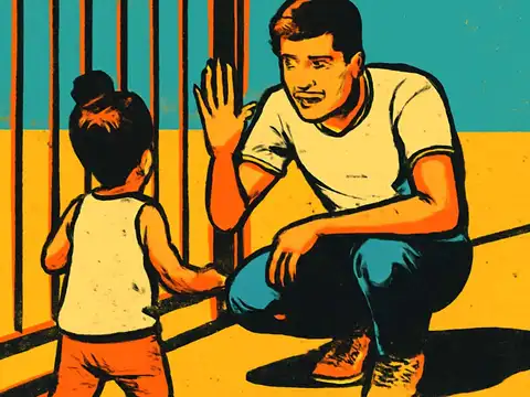 Pop-art illustration of a man crouching to a small child's eye level near a railing, one hand raised as he talks, while the child stands facing him with a hand resting on the rail.
