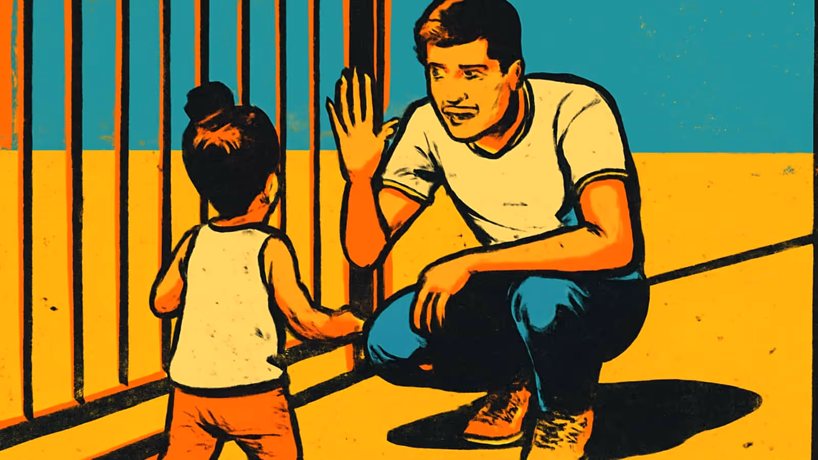 Pop-Art-Illustration eines Mannes, der sich auf die Augenhöhe eines kleinen Kindes in der Nähe eines Geländers hockt, mit einer erhobenen Hand, während er spricht, während das Kind ihm gegenübersteht und eine Hand auf dem Geländer ruht.