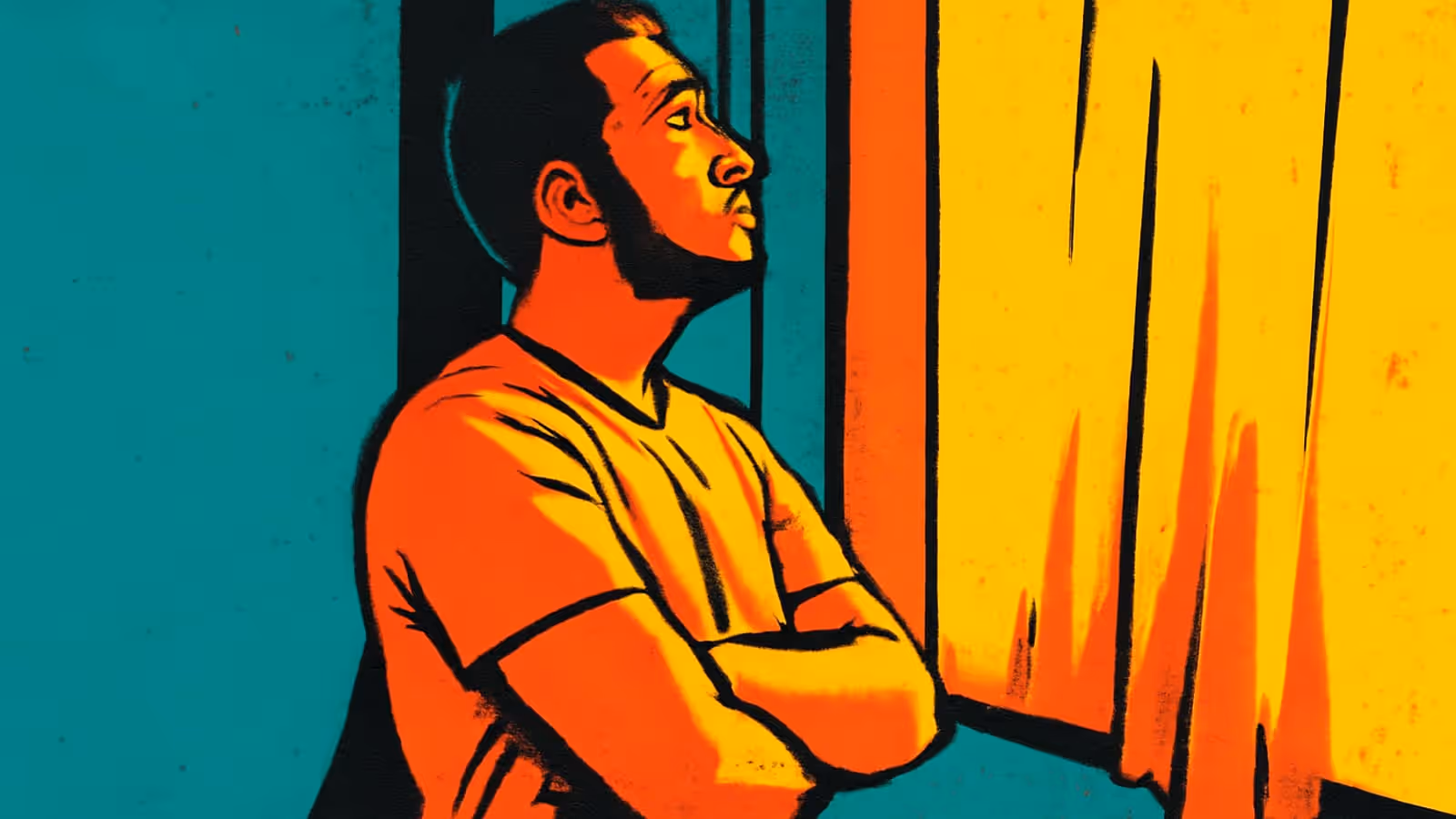 Pop-art illustration of a bearded man standing with his arms crossed, looking away towards a bright window.