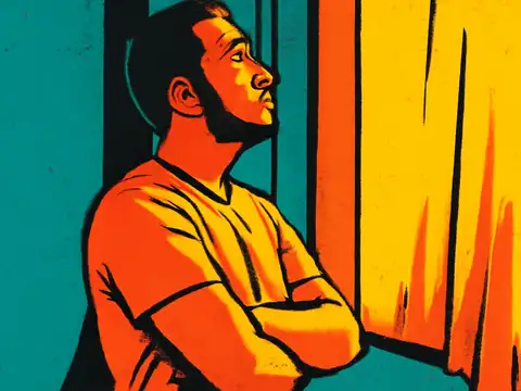 Pop-art illustration of a bearded man standing with his arms crossed, looking away towards a bright window.