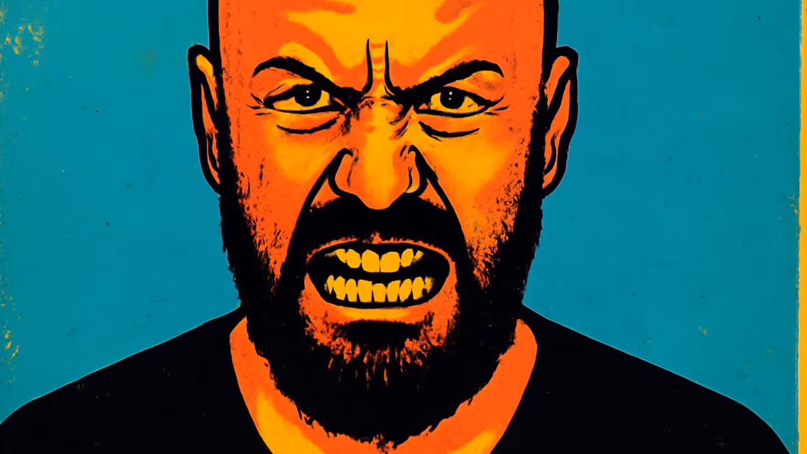 Pop-art illustration of a bearded man facing forward with his brows drawn together and his teeth bared, against a flat blue background.