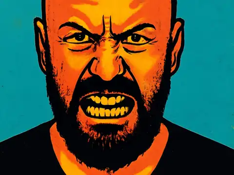 Pop-art illustration of a bearded man facing forward with his brows drawn together and his teeth bared, against a flat blue background.