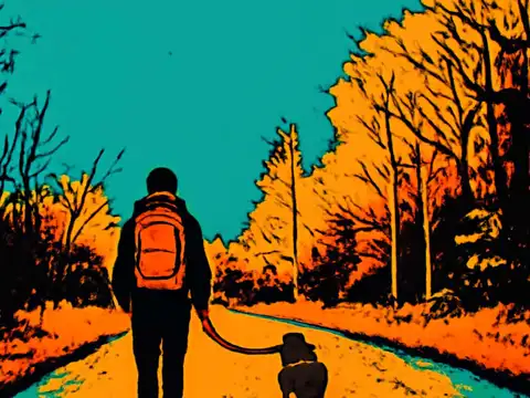 Pop-art illustration of a person with an orange backpack seen from behind, walking a dog on a lead along a path between bare trees, in orange and teal.