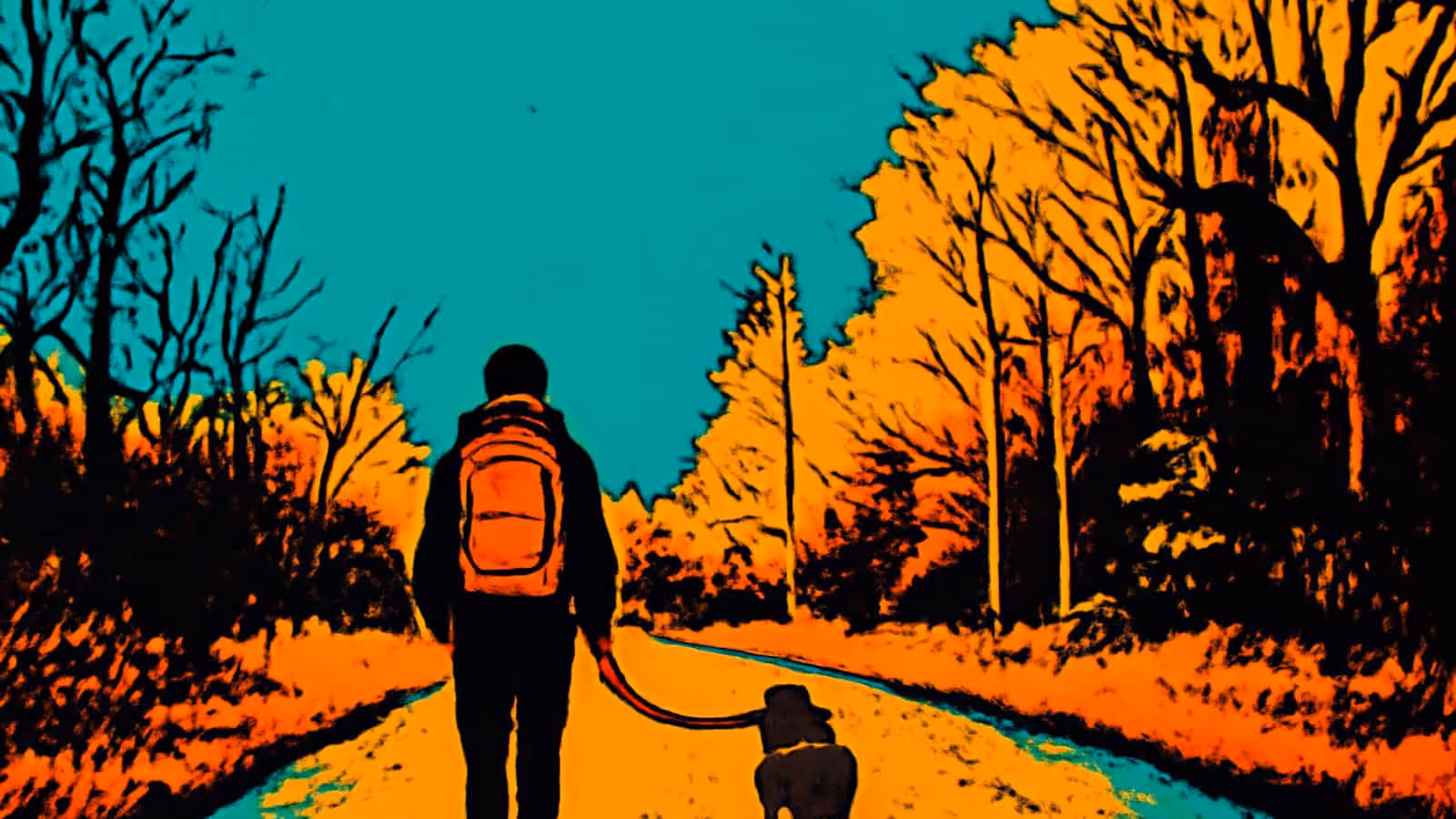 Ilustración de pop-art de una persona con una mochila naranja vista desde atrás, paseando un perro con correa por un camino entre árboles desnudos, en tonos naranja y teal.