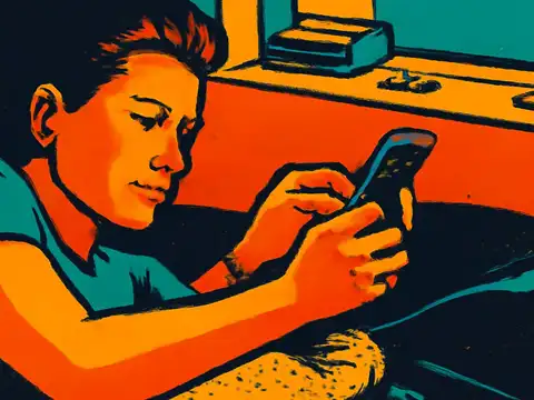 Pop-art illustration of a man lying in bed at night scrolling on his phone.