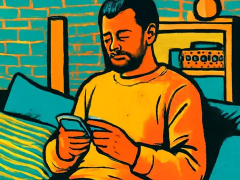 Pop-art illustration of a person sitting on a bed looking down at a phone held in both hands.