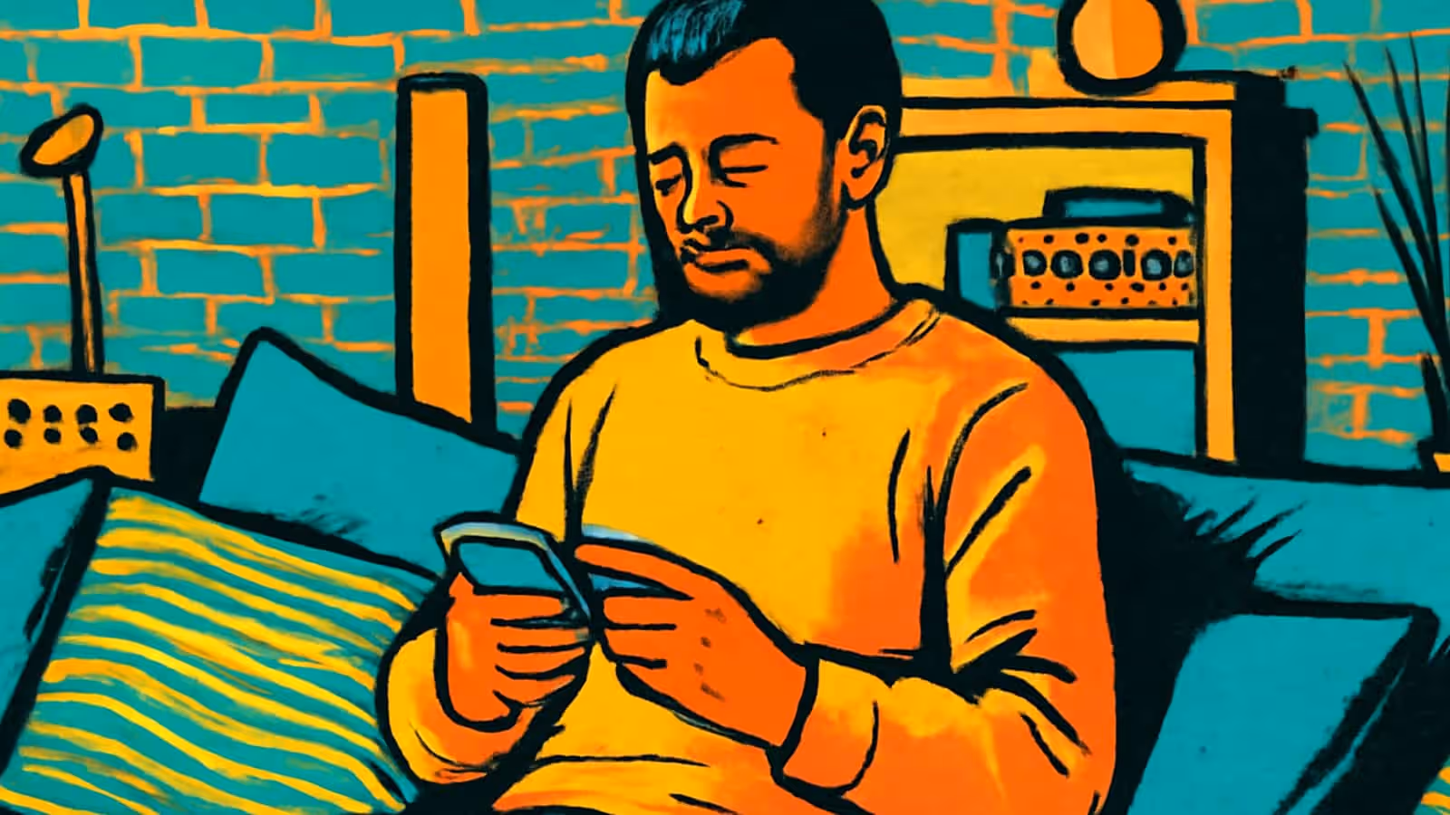 Pop-art illustration of a person sitting on a bed looking down at a phone held in both hands.