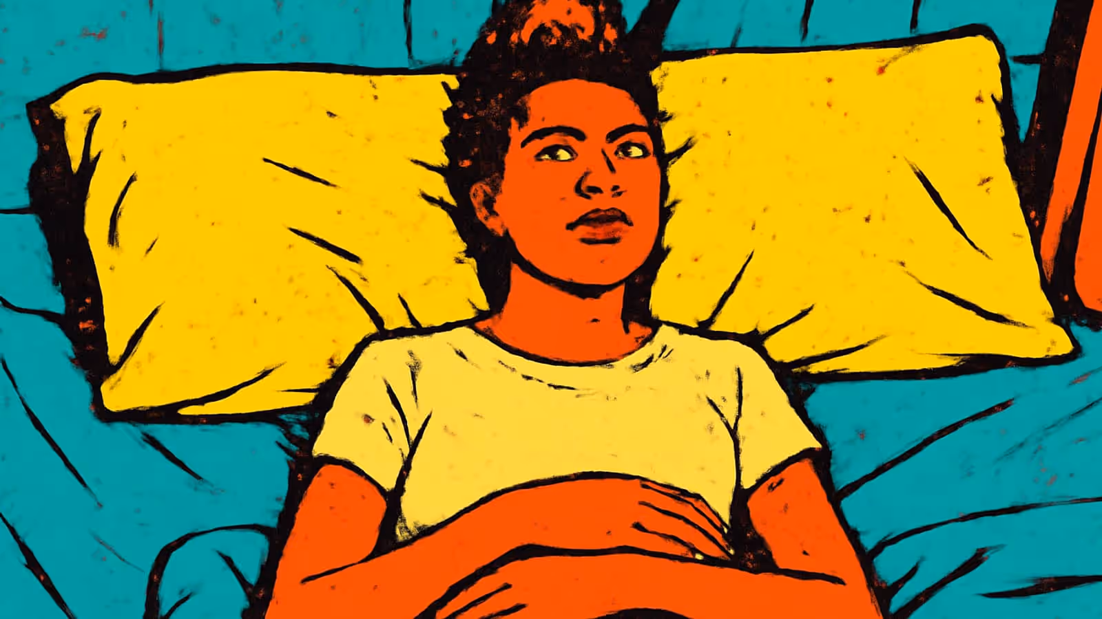 A flat illustration of a person lying back against two yellow pillows in bed with their eyes open, hands resting on the covers.