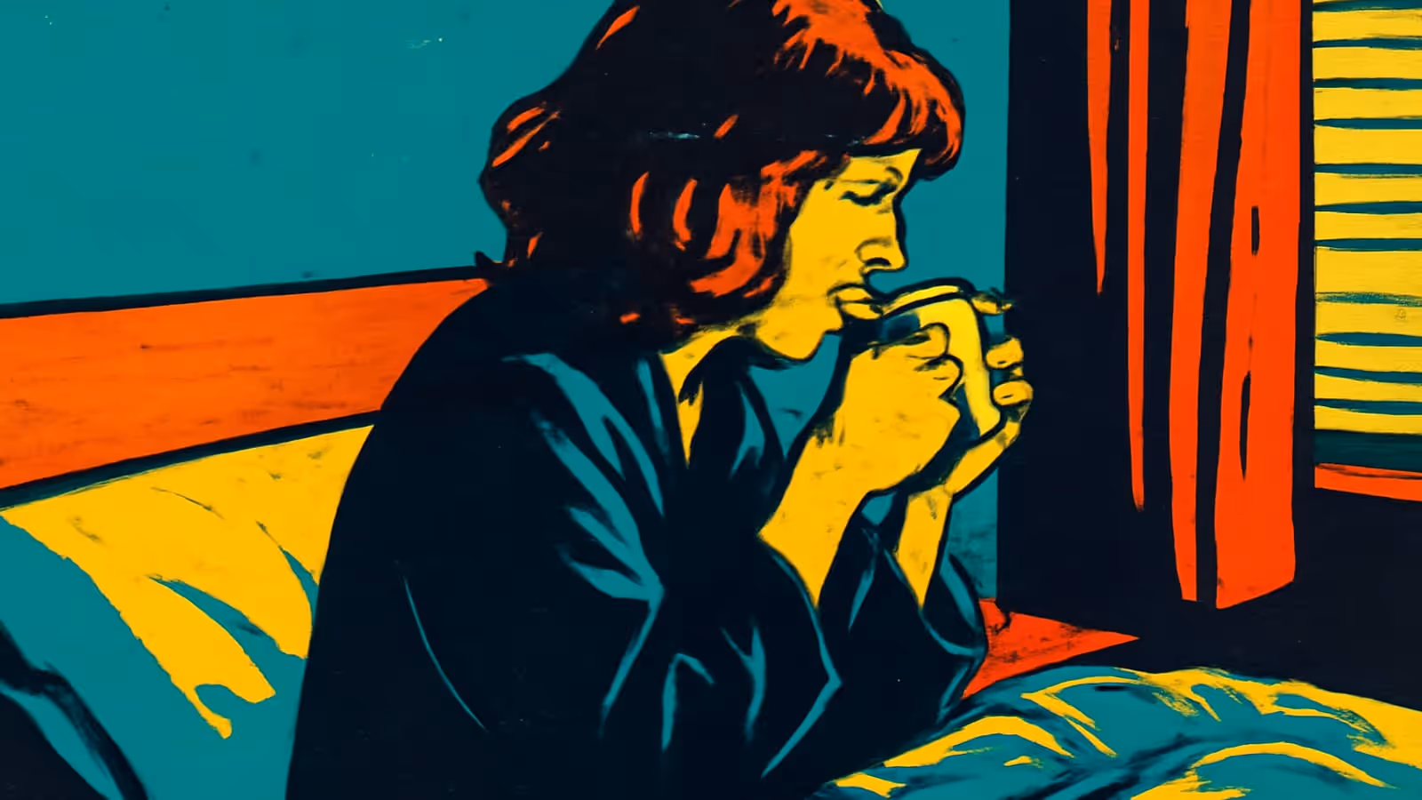 Pop-art illustration of a woman sitting up in bed by a window at dawn, holding a mug in both hands.