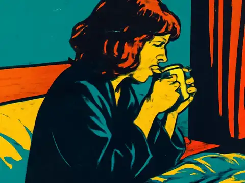 Pop-art illustration of a woman sitting up in bed by a window at dawn, holding a mug in both hands.