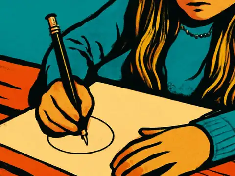 Flat pop-art illustration in teal and orange. Close view of a child with long hair leaning over a sheet of paper on a wooden table, gripping a pencil and drawing a circle, their face cropped above the mouth.