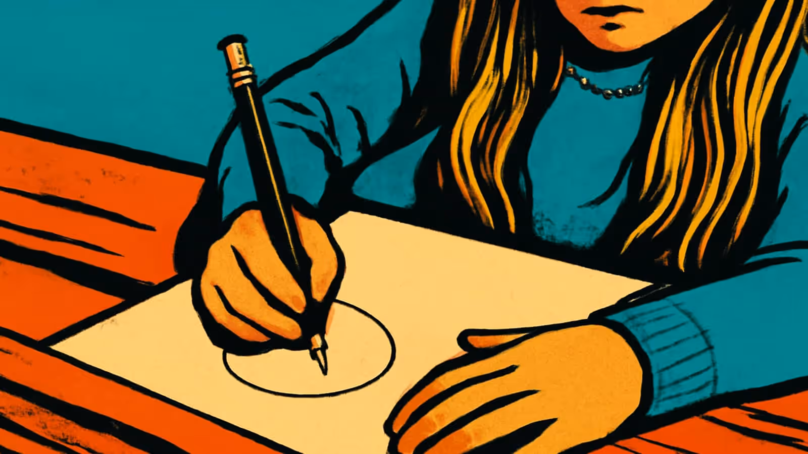 Flat pop-art illustration in teal and orange. Close view of a child with long hair leaning over a sheet of paper on a wooden table, gripping a pencil and drawing a circle, their face cropped above the mouth.