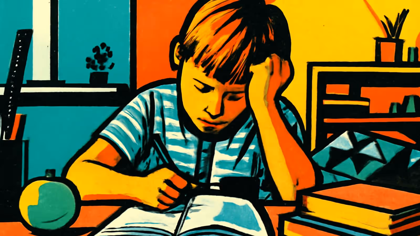 Flat pop-art illustration in teal, orange and yellow. A child in a striped t-shirt leans over an open book at a desk, pencil in one hand and their head resting on the other, looking down at the page.