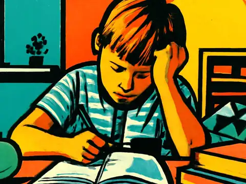Flat pop-art illustration in teal, orange and yellow. A child in a striped t-shirt leans over an open book at a desk, pencil in one hand and their head resting on the other, looking down at the page.