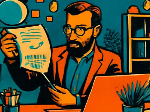 Pop-art illustration of a bearded man in glasses holding a document up to read, looking confused, at a cluttered desk.