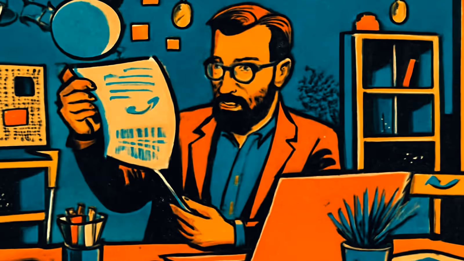 Pop-Art-Illustration eines bärtigen Mannes mit Brille, der ein Dokument hochhält, um es zu lesen, und verwirrt aussieht, an einem unordentlichen Schreibtisch.