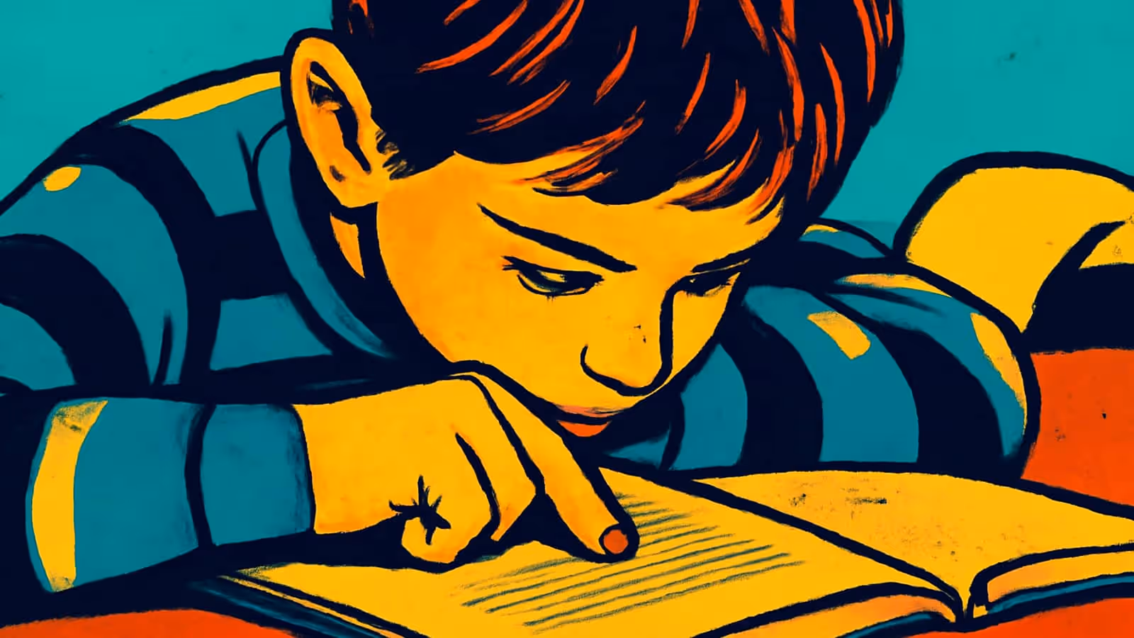 Ilustración de pop-art de un niño pequeño siguiendo una línea de texto con su dedo mientras lee un libro en una mesa.