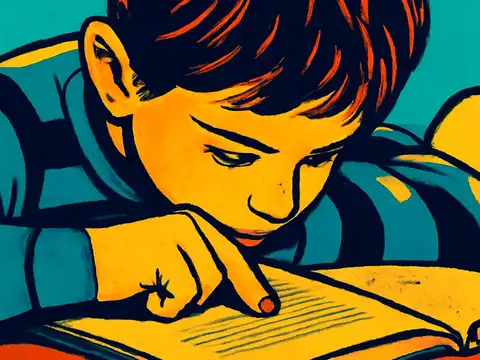 Pop-art illustration of a young boy tracing a line of text with his finger while reading a book at a table.