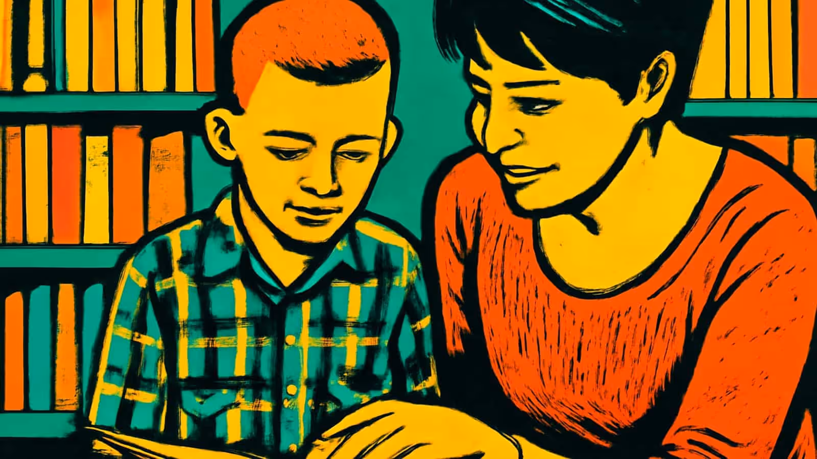 Pop-art illustration of a child and an adult looking down at an open book together in front of shelves of books.