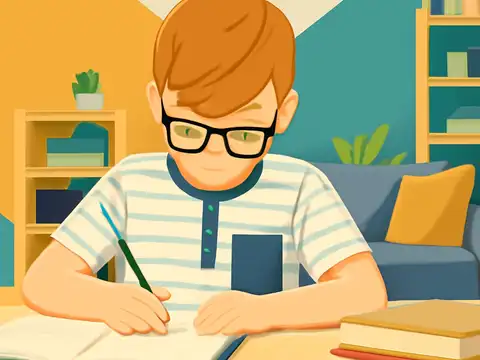Flat vector illustration of a child in a striped top and glasses, writing in a notebook at a desk.