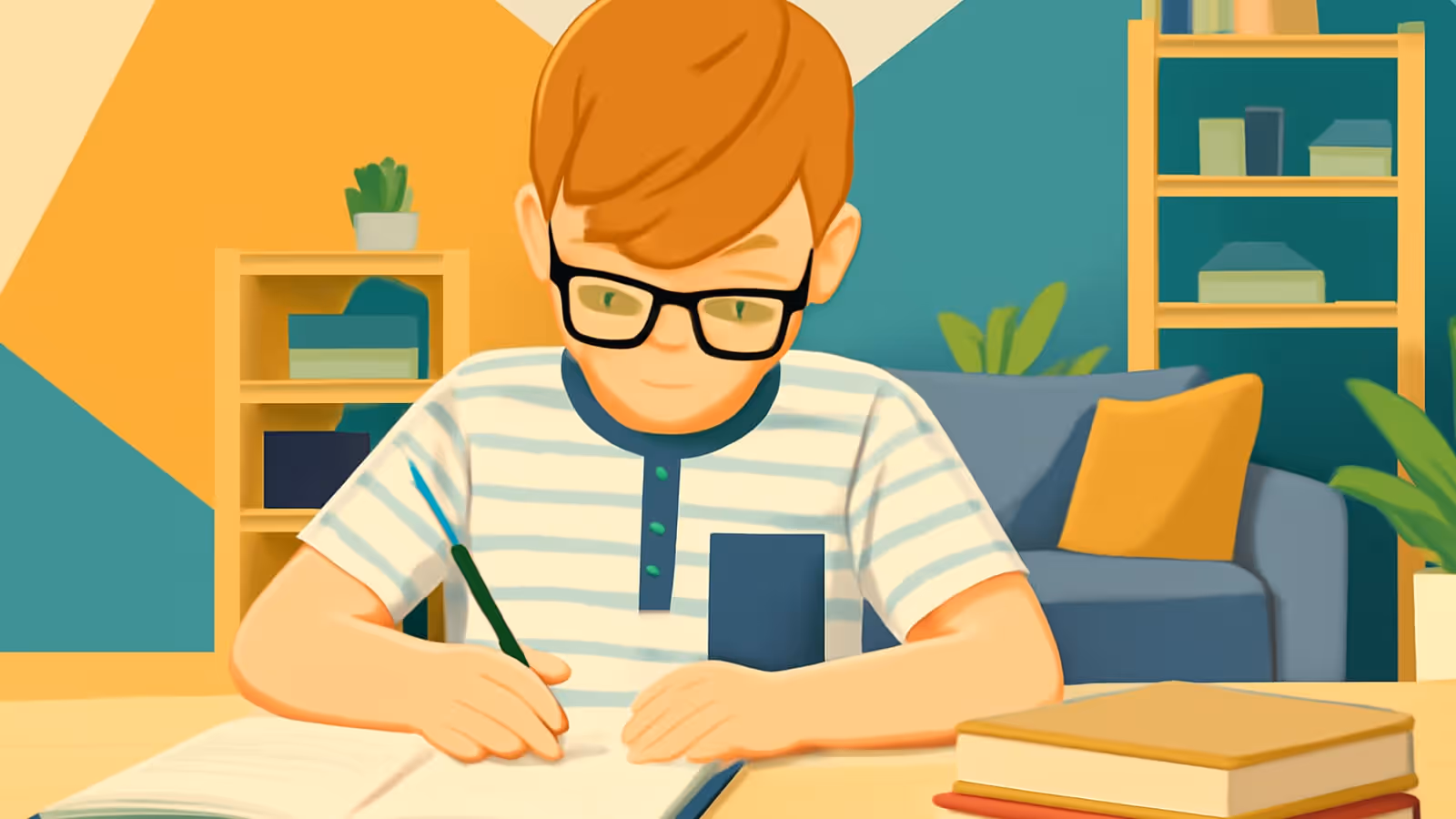 Flat vector illustration of a child in a striped top and glasses, writing in a notebook at a desk.