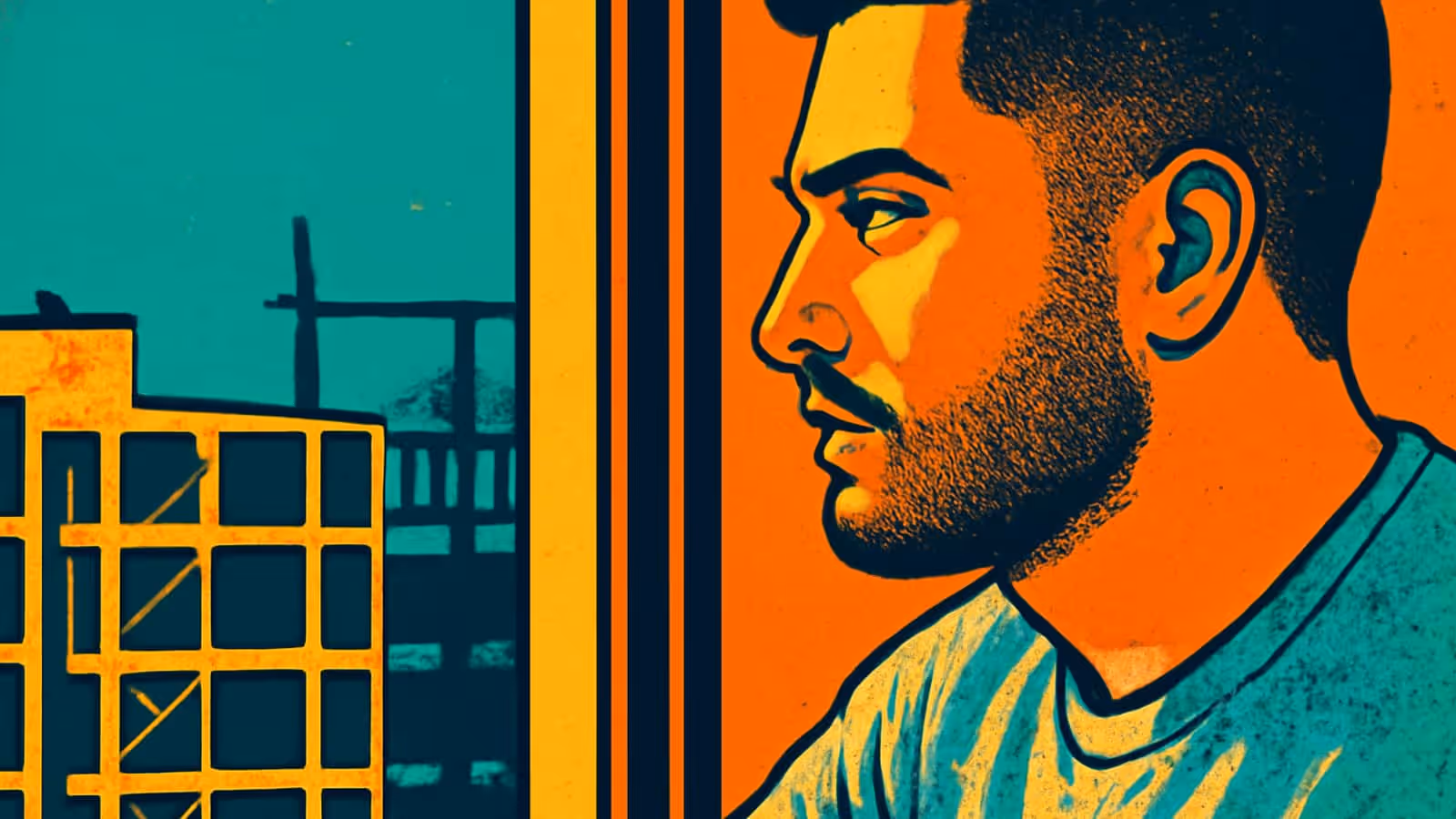 A bearded man seen in profile looking through a window towards a city skyline, rendered as a flat teal and orange illustration.