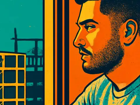 A bearded man seen in profile looking through a window towards a city skyline, rendered as a flat teal and orange illustration.