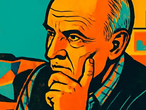Pop-art illustration of an elderly man resting his chin on his hand with a thoughtful, concerned expression.
