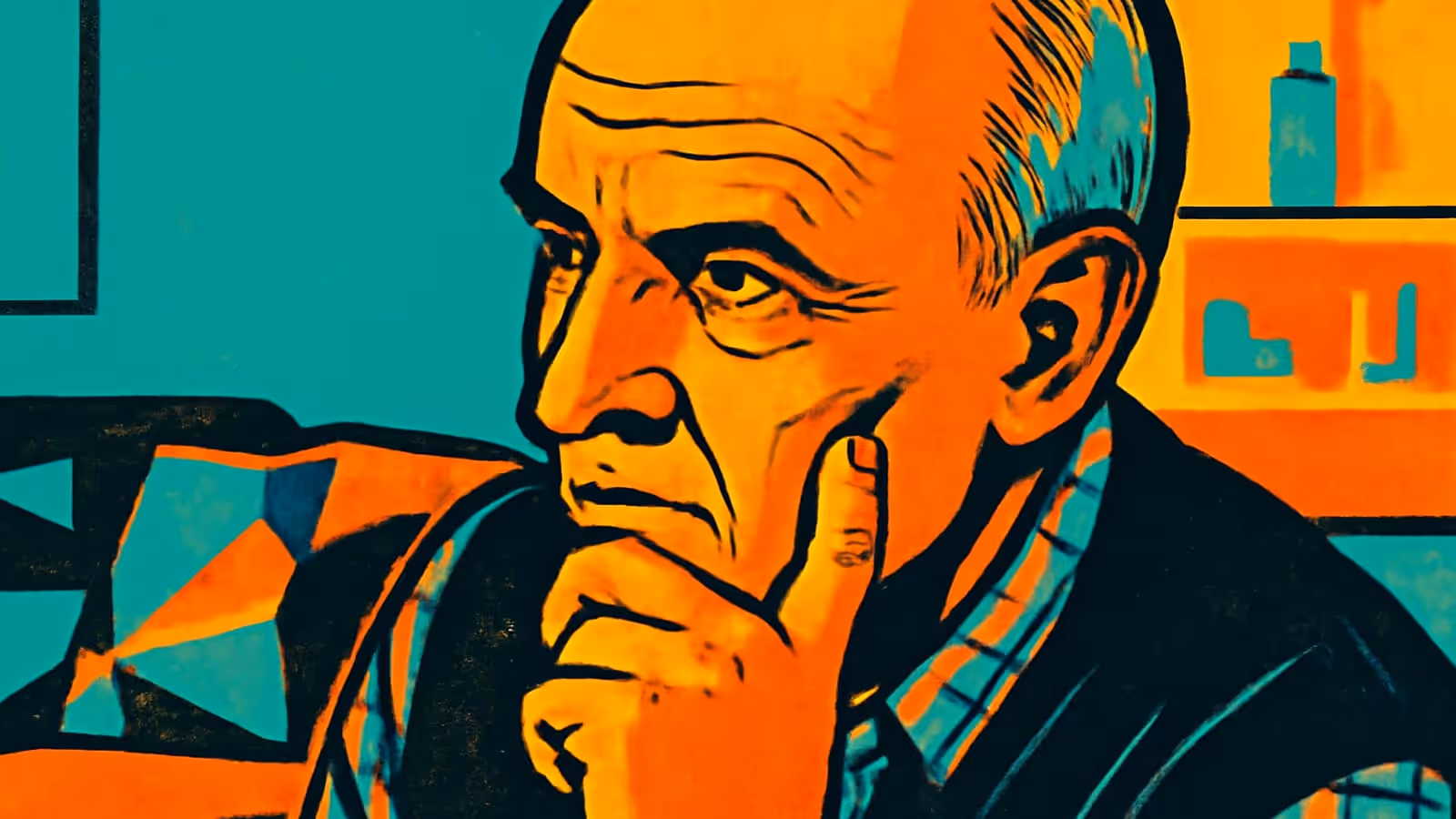 Pop-Art-Illustration eines älteren Mannes, der sein Kinn auf seine Hand stützt und einen nachdenklichen, besorgten Ausdruck hat.