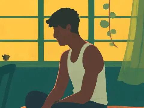Flat vector illustration of a young man sitting on the edge of a bed in front of a bright window, his head lowered.