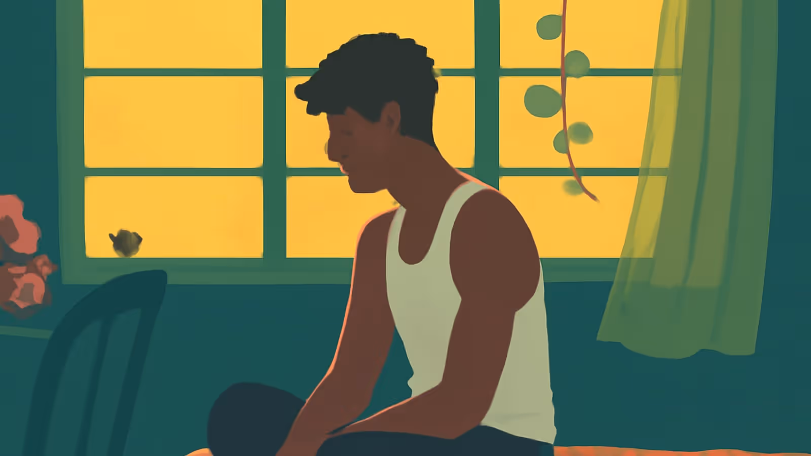 Flat vector illustration of a young man sitting on the edge of a bed in front of a bright window, his head lowered.