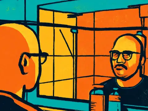 Pop-art illustration of a man seen from behind looking at his own face in a bathroom mirror, his reflection wearing glasses.