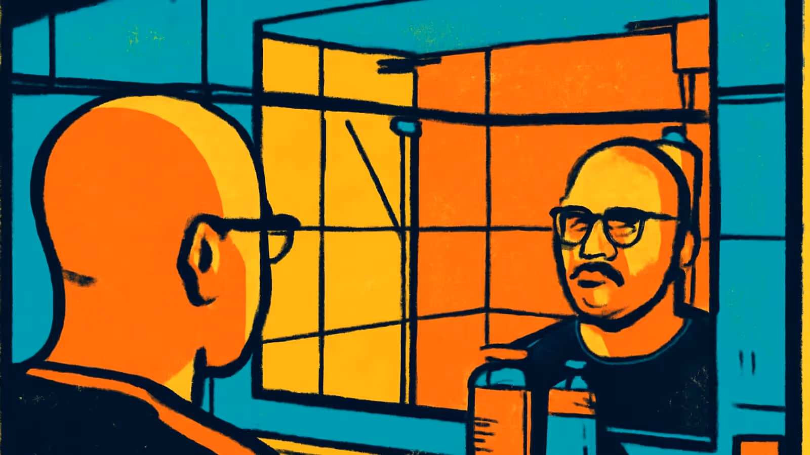 Pop-art illustration of a man seen from behind looking at his own face in a bathroom mirror, his reflection wearing glasses.