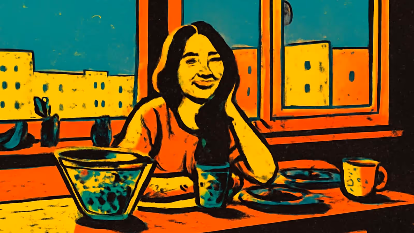 Pop-art illustration of a young woman at a table with a plate of food.