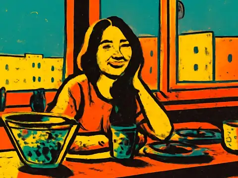 Pop-art illustration of a young woman at a table with a plate of food.