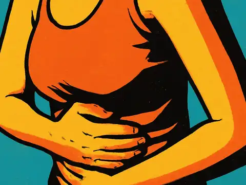 Pop-art illustration of a person's torso with both hands held flat over their stomach.
