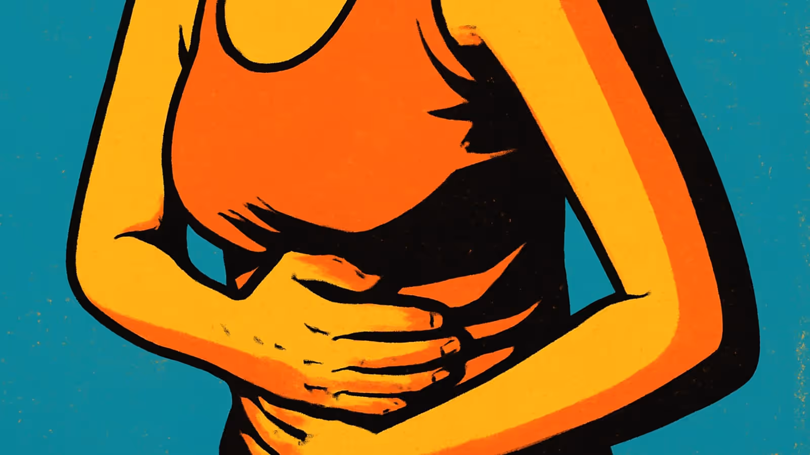 Pop-art illustration of a person's torso with both hands held flat over their stomach.
