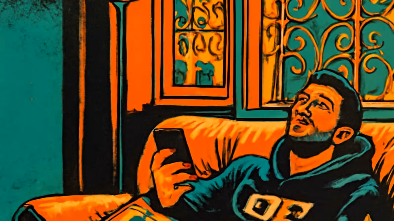 A person in a beanie and hooded top reclining on a sofa holding a phone in one hand while looking away from it, an ornate window behind them, rendered as a flat orange and teal illustration.