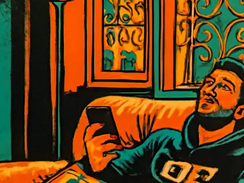 A person in a beanie and hooded top reclining on a sofa holding a phone in one hand while looking away from it, an ornate window behind them, rendered as a flat orange and teal illustration.