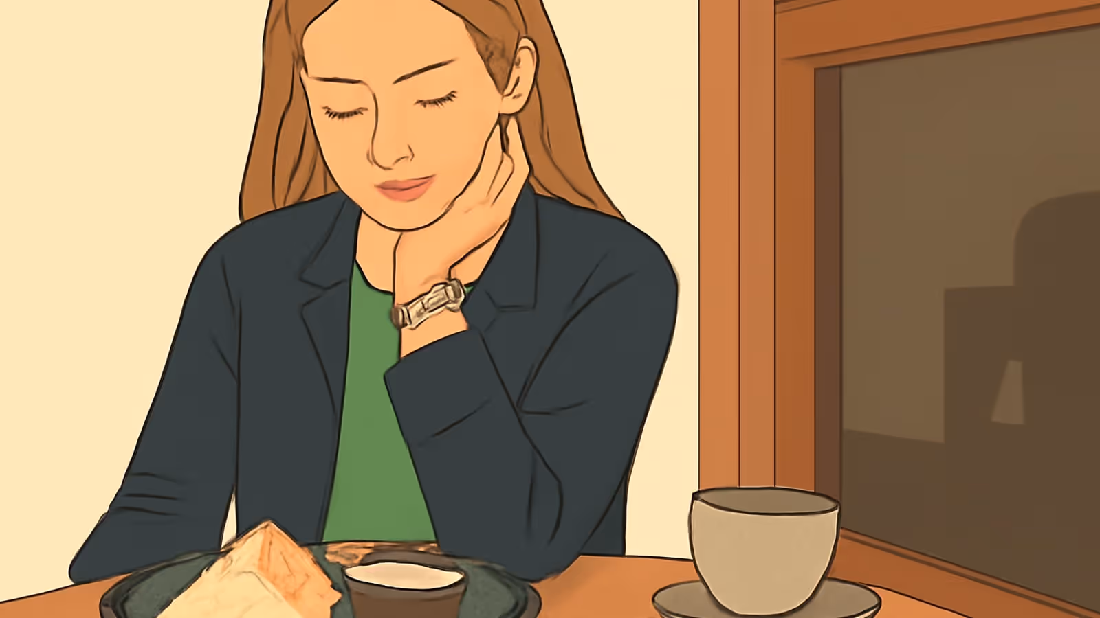 Flache Vektorillustration einer Person mit langen Haaren in einer dunklen Jacke und einem grünen Oberteil an einem Tisch, mit gesenkten Augen und dem Kinn auf der Hand, vor sich einen Teller mit Essen und eine Tasse sowie ein Fenster neben sich.