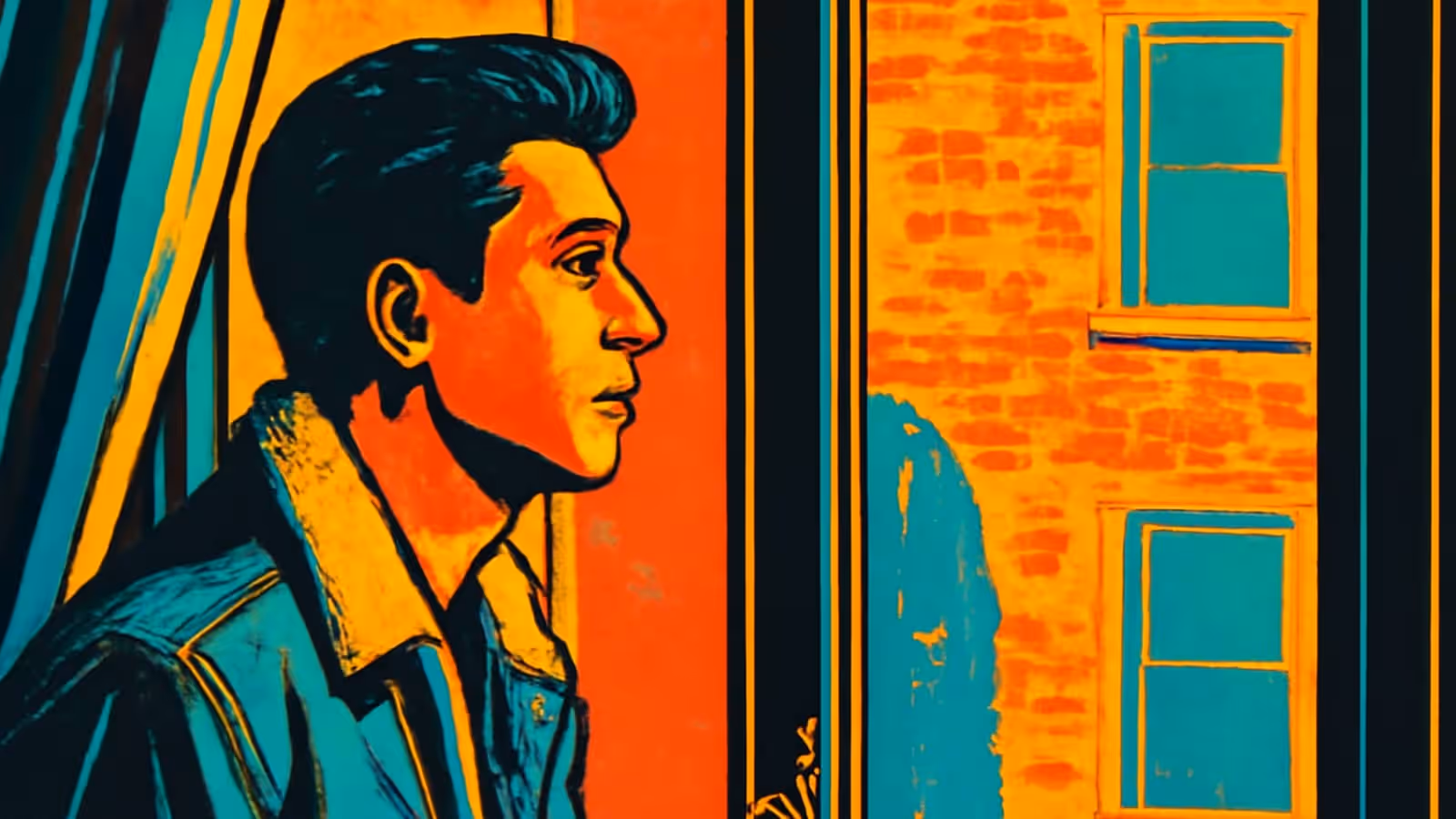 Pop-art illustration of a person in profile looking out of a window at a brick wall opposite, in teal and orange.