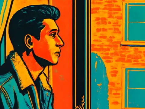 Pop-art illustration of a person in profile looking out of a window at a brick wall opposite, in teal and orange.