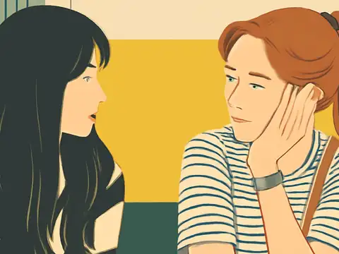 Flat vector illustration of two people facing each other in conversation, one with long dark hair speaking and the other with a red ponytail resting a cheek on their hand and listening, both in striped tops against a yellow and green background.