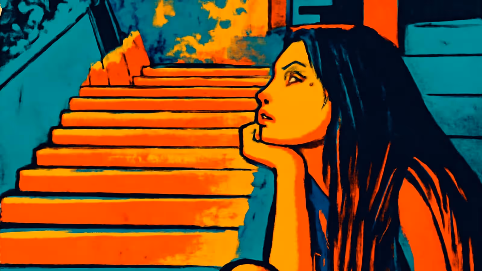 A person with long dark hair sitting in profile with their chin resting on one hand, beside a flight of steps, rendered as a flat orange and teal illustration.
