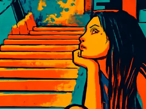 A person with long dark hair sitting in profile with their chin resting on one hand, beside a flight of steps, rendered as a flat orange and teal illustration.