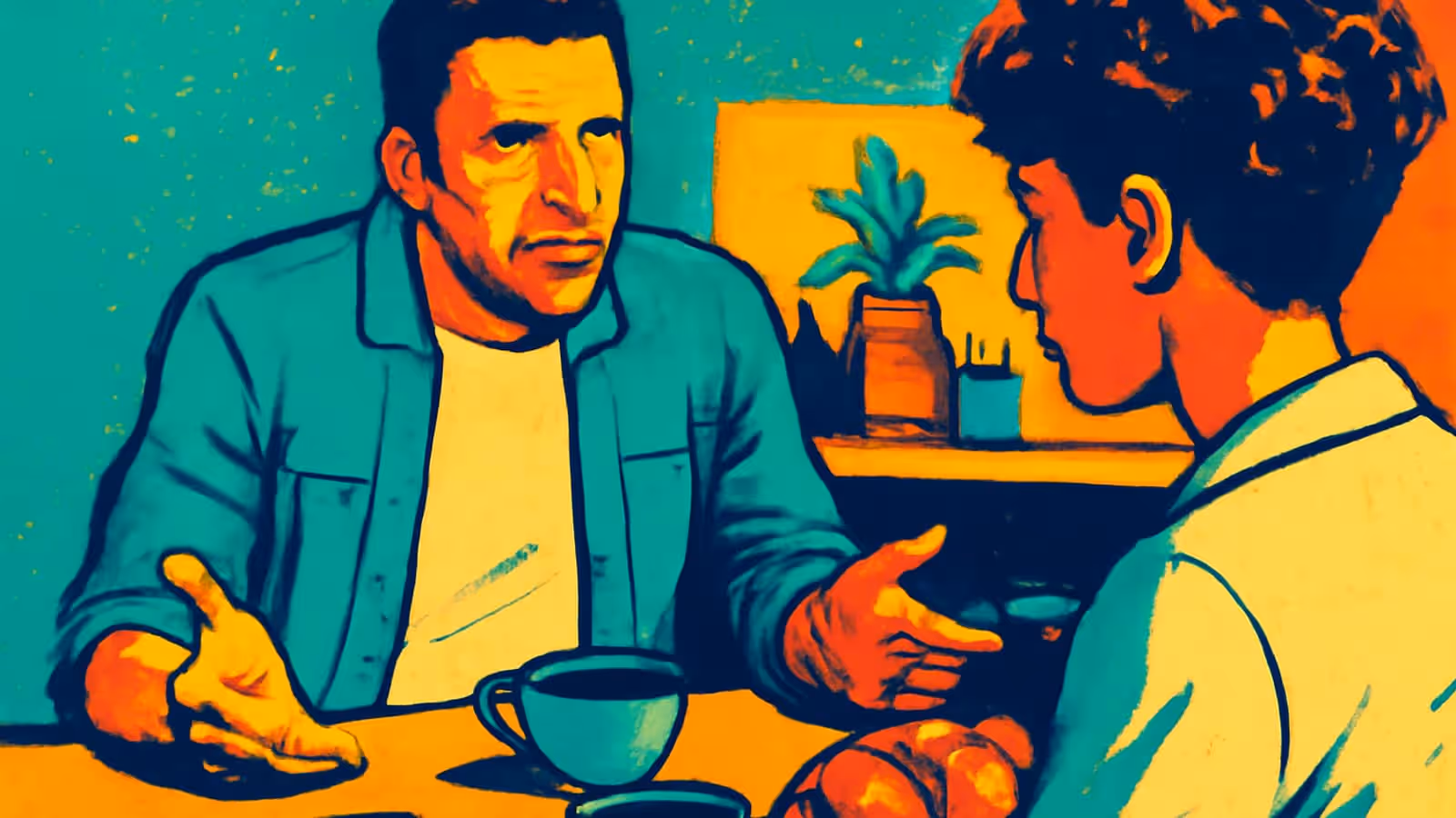 Two people sitting across a table from each other, one facing the camera with both hands open mid-gesture, the other seen from behind, a cup on the table between them, rendered as a flat orange and teal illustration.