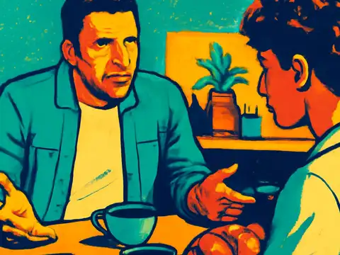 Two people sitting across a table from each other, one facing the camera with both hands open mid-gesture, the other seen from behind, a cup on the table between them, rendered as a flat orange and teal illustration.