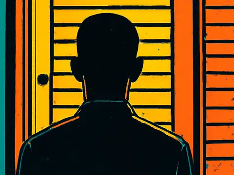 A person seen from behind in silhouette, standing at a shuttered window, rendered as a flat orange, yellow and teal illustration.