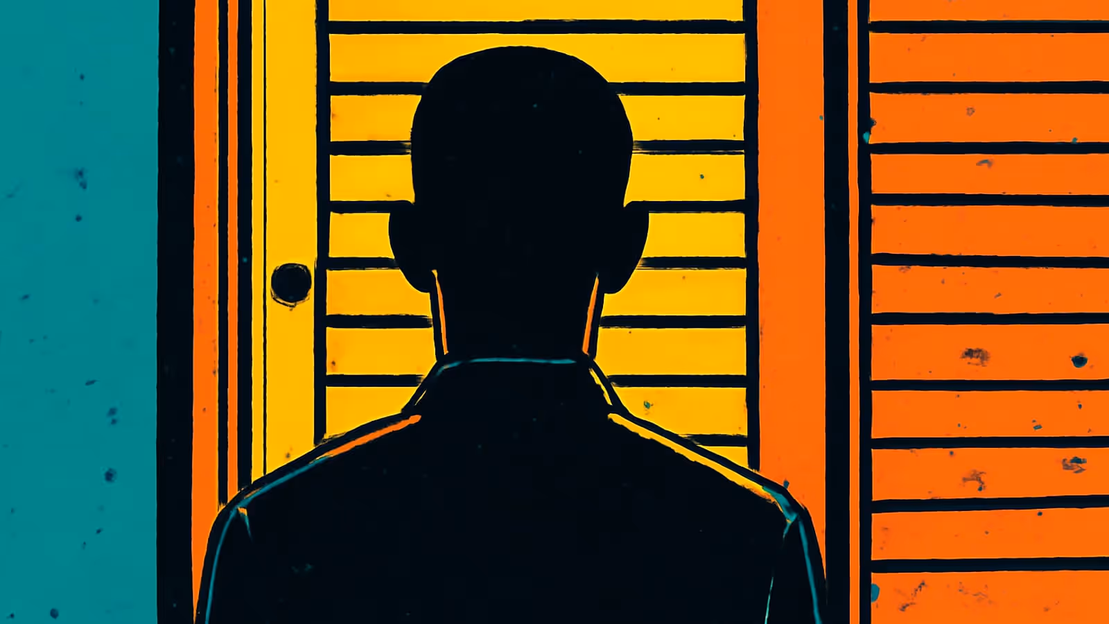 A person seen from behind in silhouette, standing at a shuttered window, rendered as a flat orange, yellow and teal illustration.