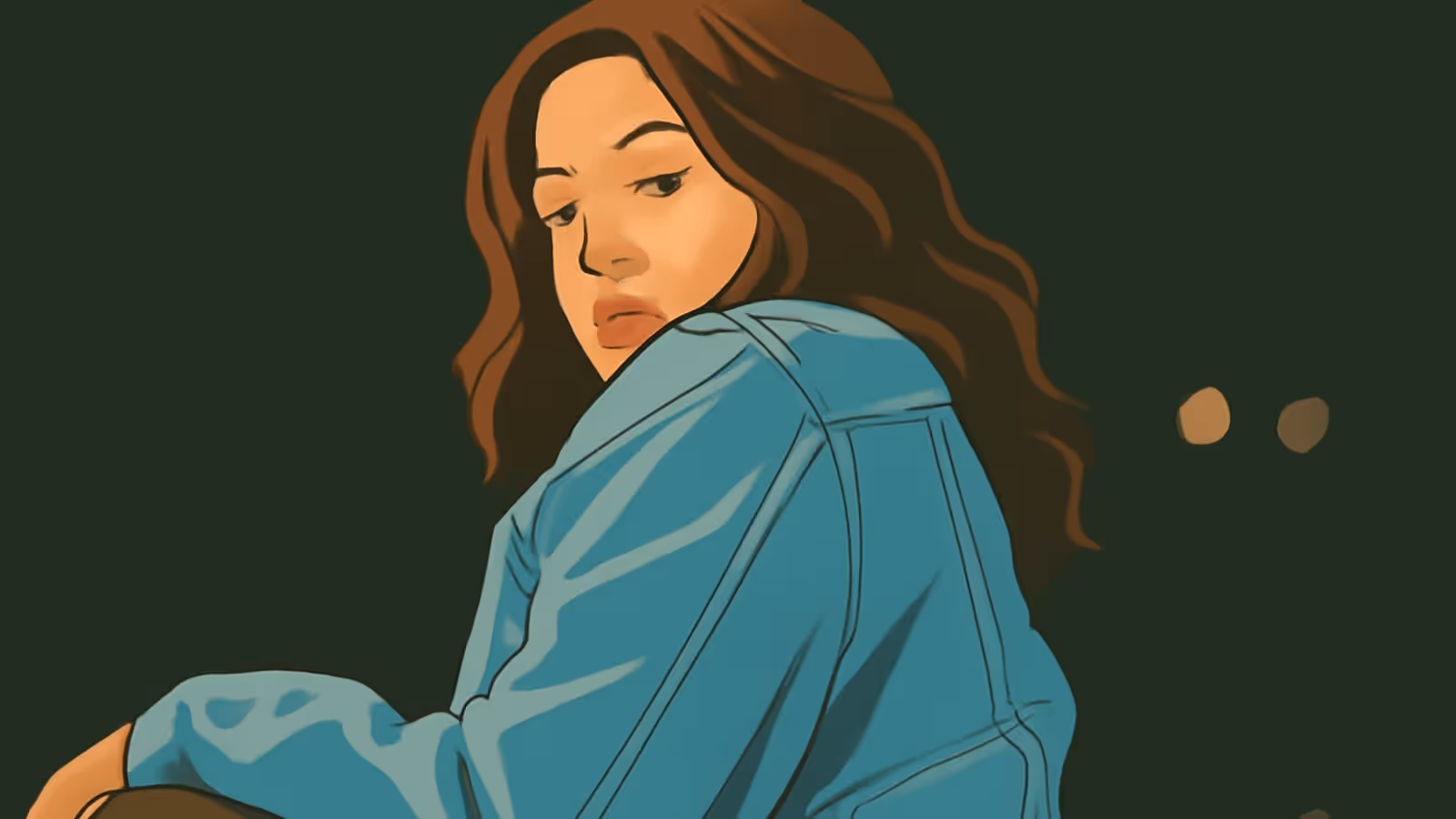 Flat vector illustration of a woman with wavy brown hair in a blue denim jacket, seen over her shoulder and looking down and to the side against a dark green background.